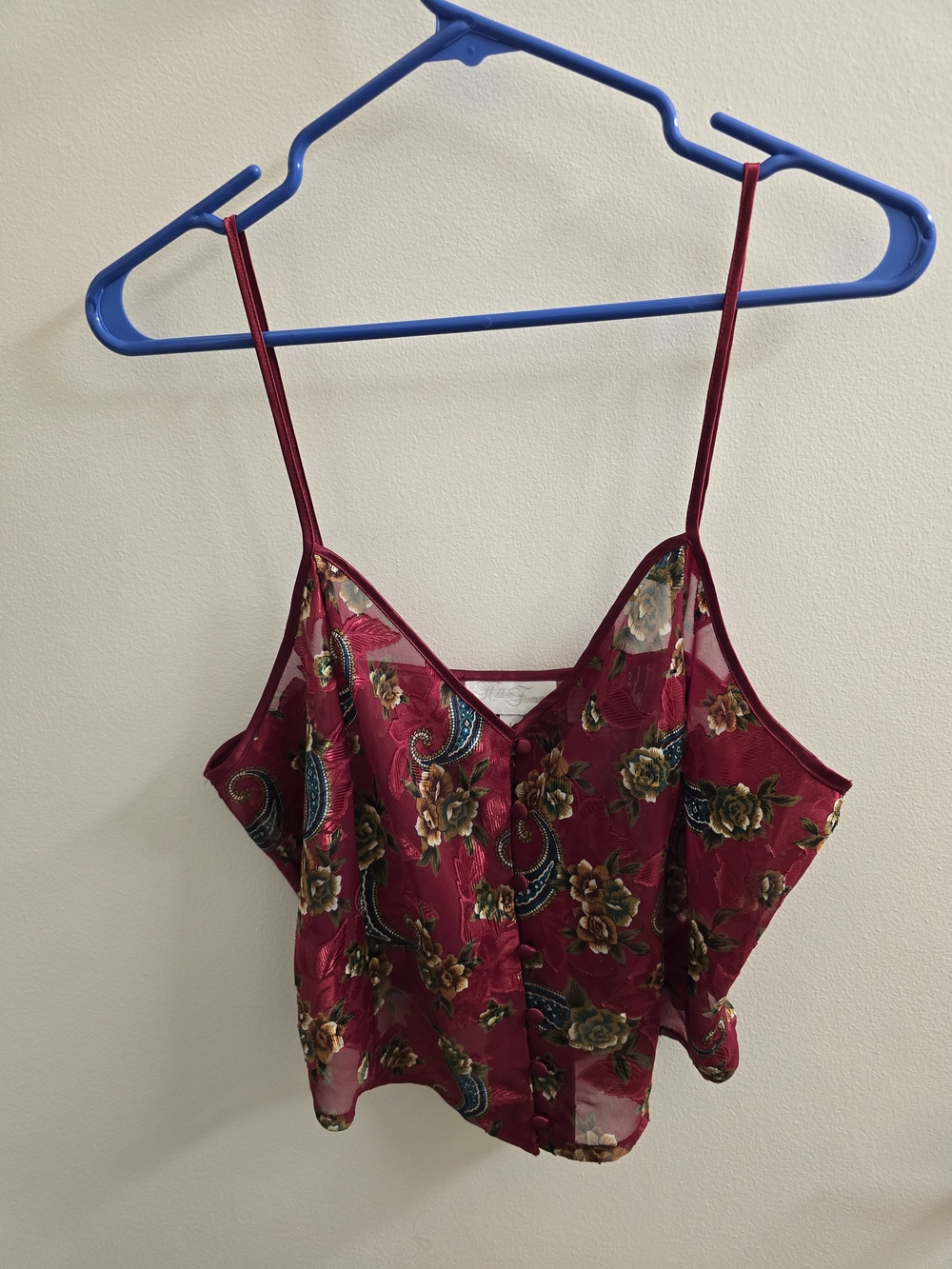 Floral Satin Spaghetti Strap Cami Tank Top - Burgundy